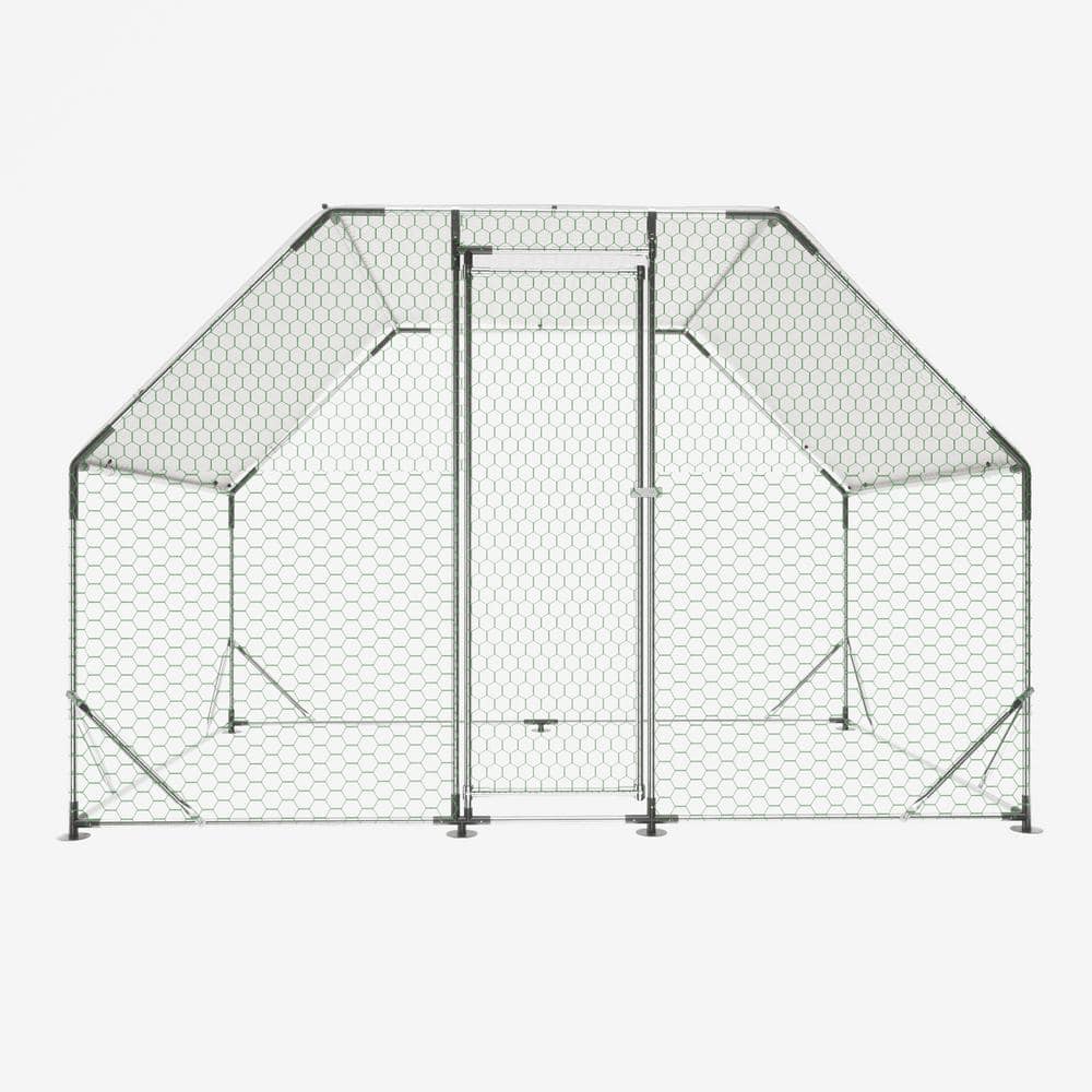 GOGEXX 9.94 ft x 6.46 ft Flat Large Metal Walk-in Chicken Coop Galvanized Poultry Cages with Waterproof Cover Outdoors