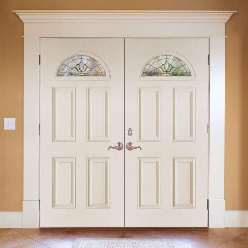 74 in. x 81.625 in. Medina Zinc Fan Lite Unfinished Smooth Right-Hand Inswing Fiberglass Double Prehung Front Door