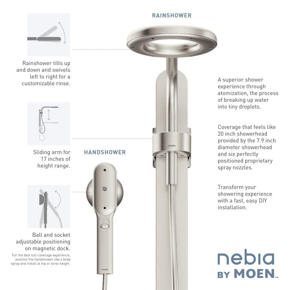 Nebia by Moen 1-Spray 8 in. Dual Shower Head and Handheld with Magnetic Dock, Spot Resist Brushed Nickel