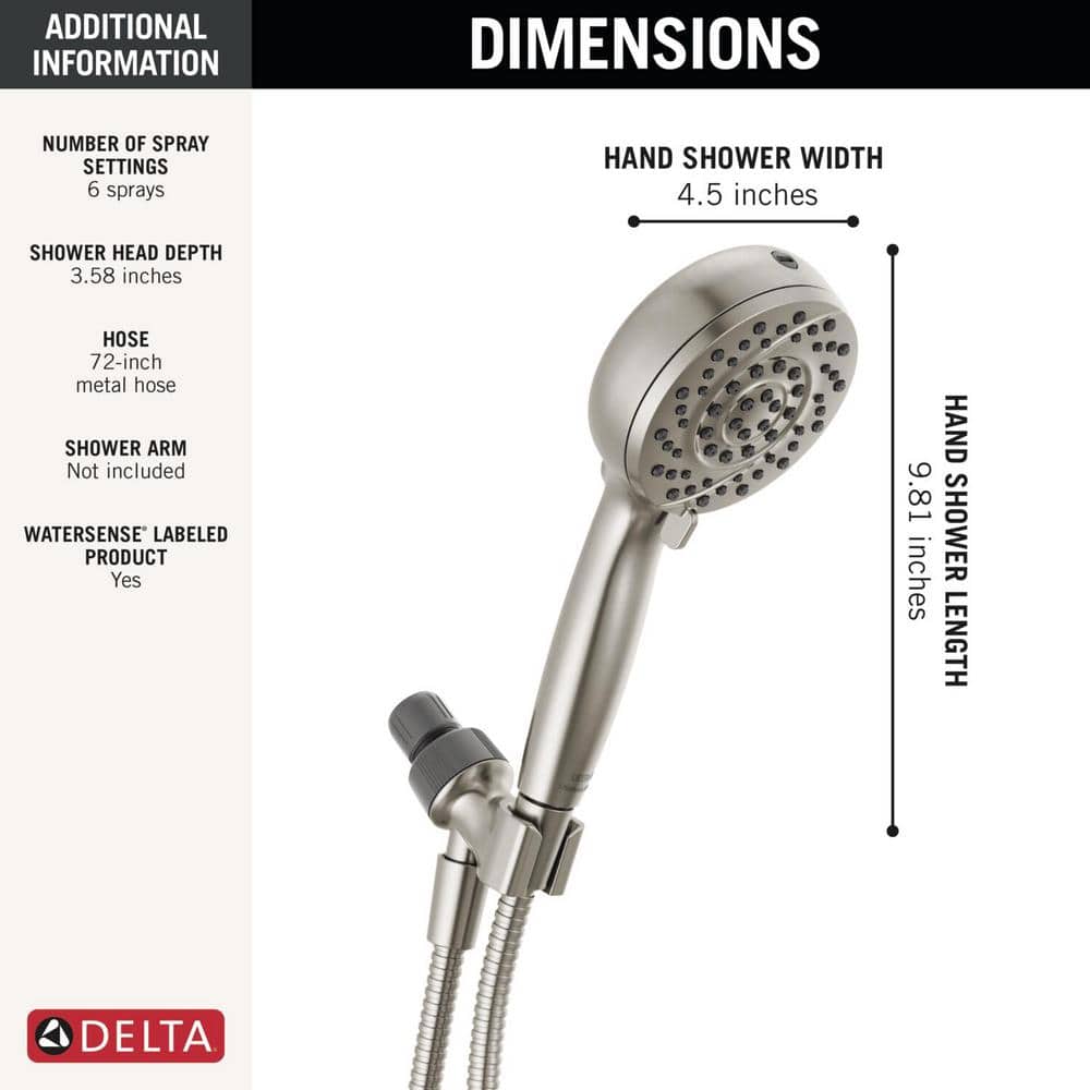 Delta Universal Showering Components ProClean 6‑Spray Handheld Shower Head, 1.75 GPM, SpotShield Brushed Nickel, 72‑in Hose