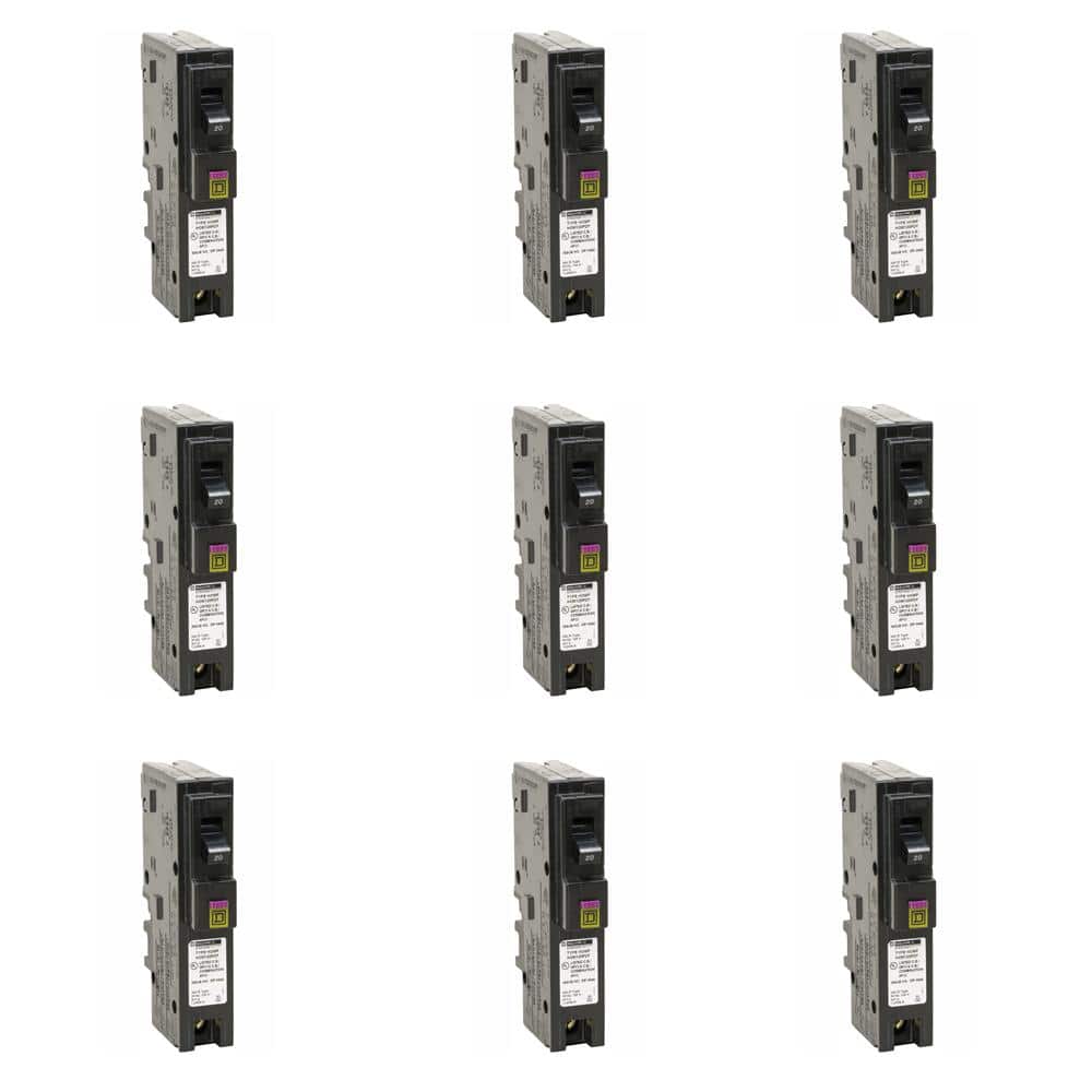 Square D Homeline 20 Amp Single-Pole Plug-On Neutral Dual Function CAFCI/GFCI Circuit Breaker, 9-Pack