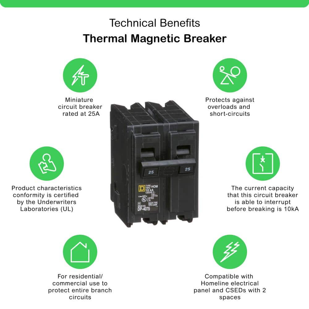 Square D Homeline 25 Amp 2-Pole Circuit Breaker, HOM225CP, 120/240V, 10kA AIC