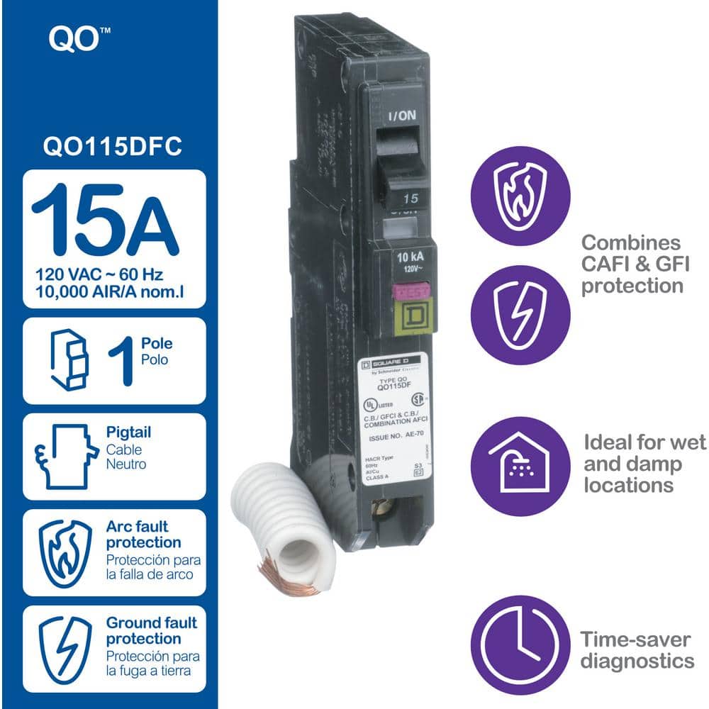 Square D QO 15 Amp Single-Pole Dual Function (CAFCI and GFCI) Circuit Breaker, QO115DFC