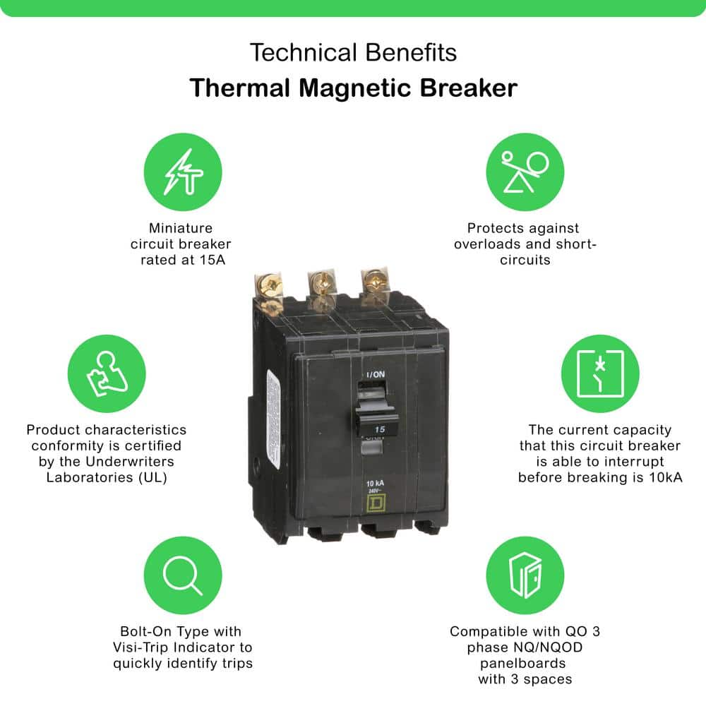 Square D QO 15 Amp 3-Pole Bolt-On Circuit Breaker