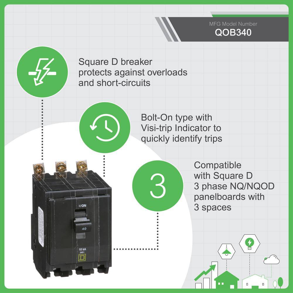Square D QO 40 Amp 3-Pole Bolt-On Circuit Breaker