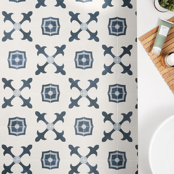 Lapaz White & Blue Herald 9x9 Matte Porcelain Tile - Mediterranean Design