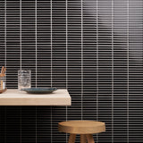 Kai Black Glossy Porcelain Mosaic Tile - 1x4" Tri-Stacked