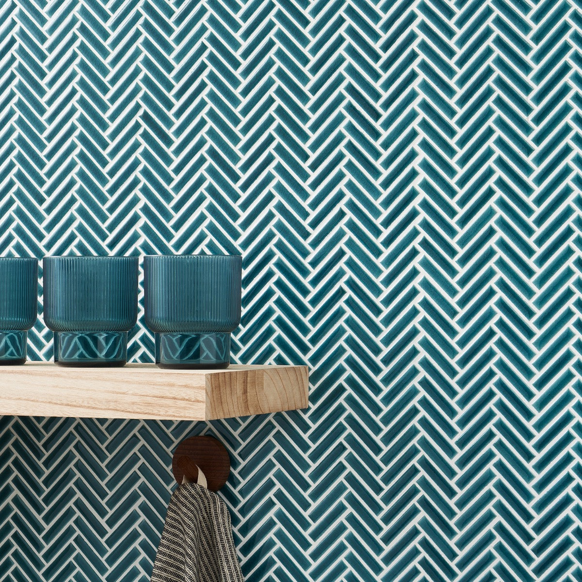 Kai Teal Herringbone Crackled Glossy Porcelain Mosaic Tile - Lux Tile