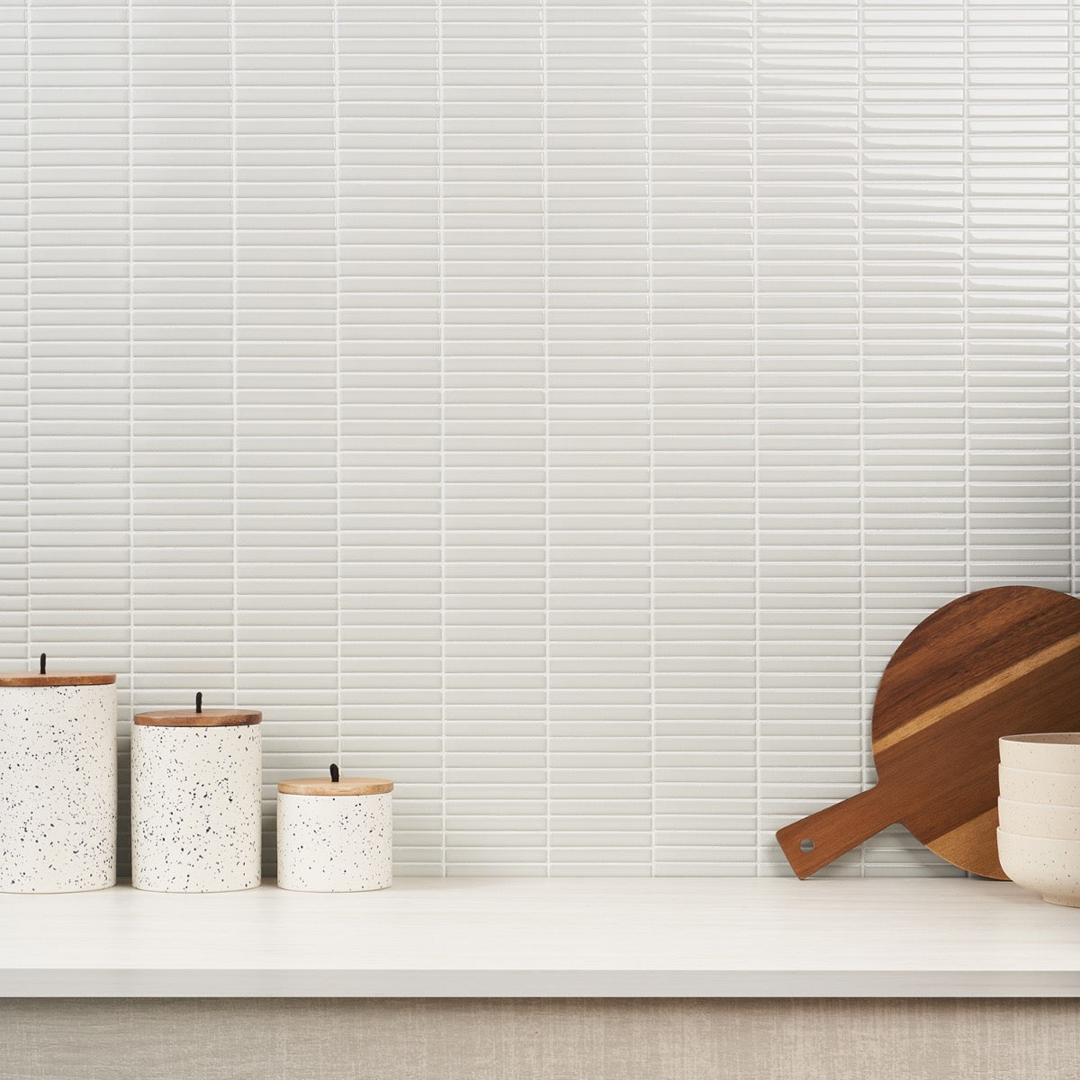 Kai White Glossy Porcelain Mosaic Tile - 1x4" Tri-Stacked Design