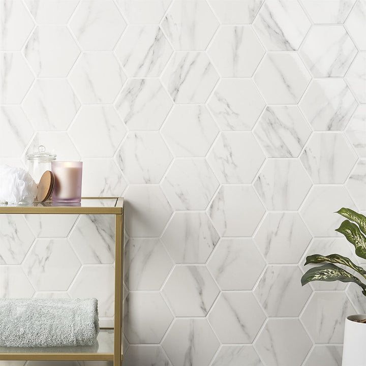 Amalfi Statuario White 6" Hexagon Polished Porcelain Tile - Lux Tile