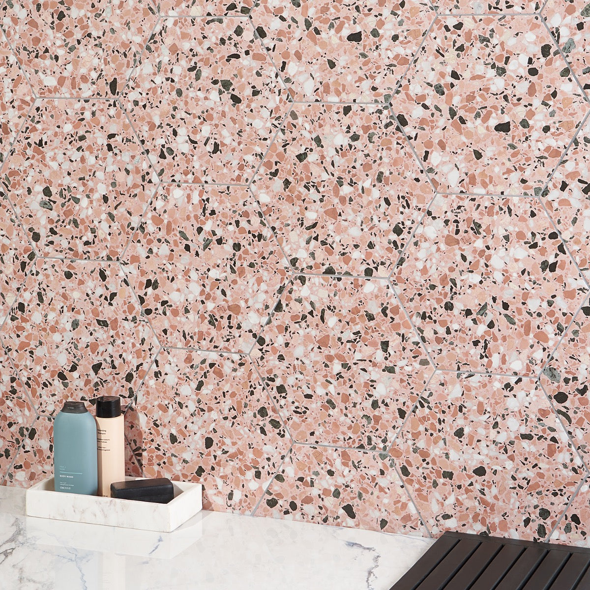 Lux Tile Six Hexagon Earth Pink 12.5" Terrazzo Look Matte Porcelain Tile