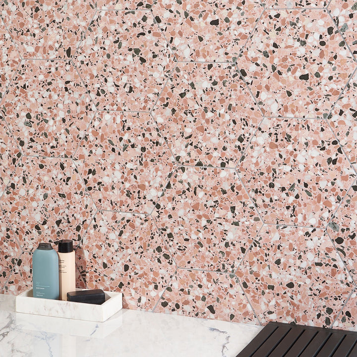 Lux Tile Six Hexagon Earth Pink 12.5" Terrazzo Look Matte Porcelain Tile