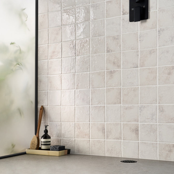 Greta Seashell White 5x5 Glossy Textured Porcelain Tile by Lux Tile