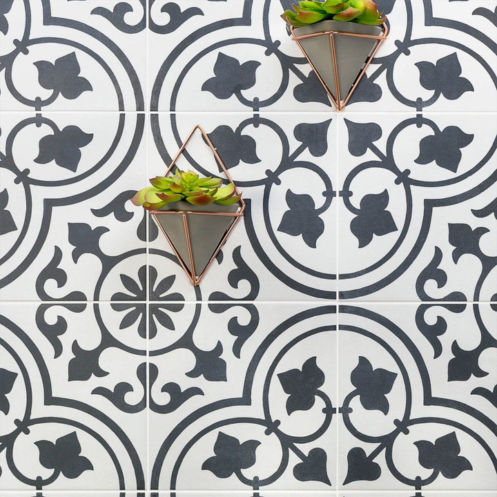 Cascais Black & White Ornate 9x9 Matte Porcelain Tile by Lux Tile