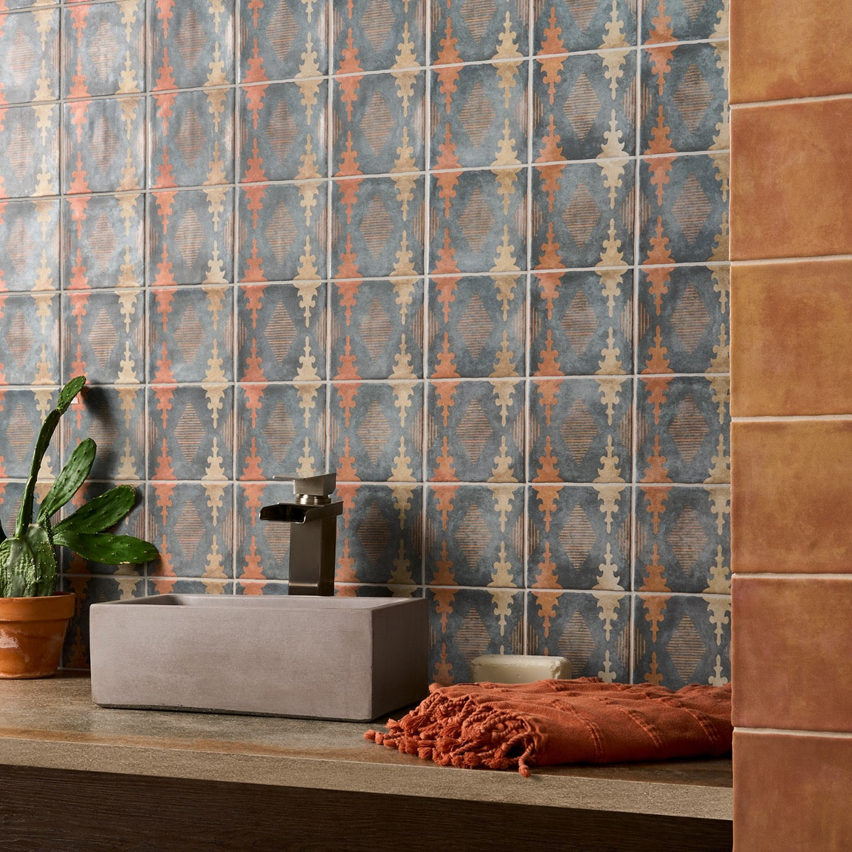 Paula Purroy Talia Aztec Blue Terracotta 5x5 Matte Ceramic Tile