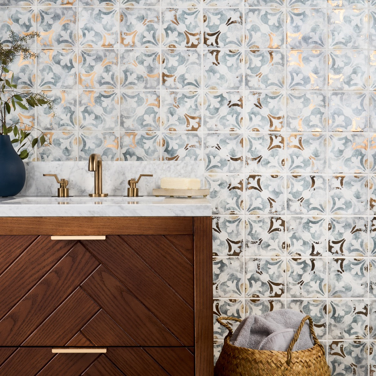 Talia Bossa Blue Gray Ceramic Tile with Gold Accents, 5x5 Matte Finish
