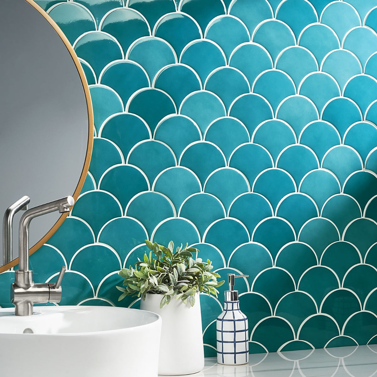 Highwater Teal 5" Fish Scale Polished Ceramic Wall Tile