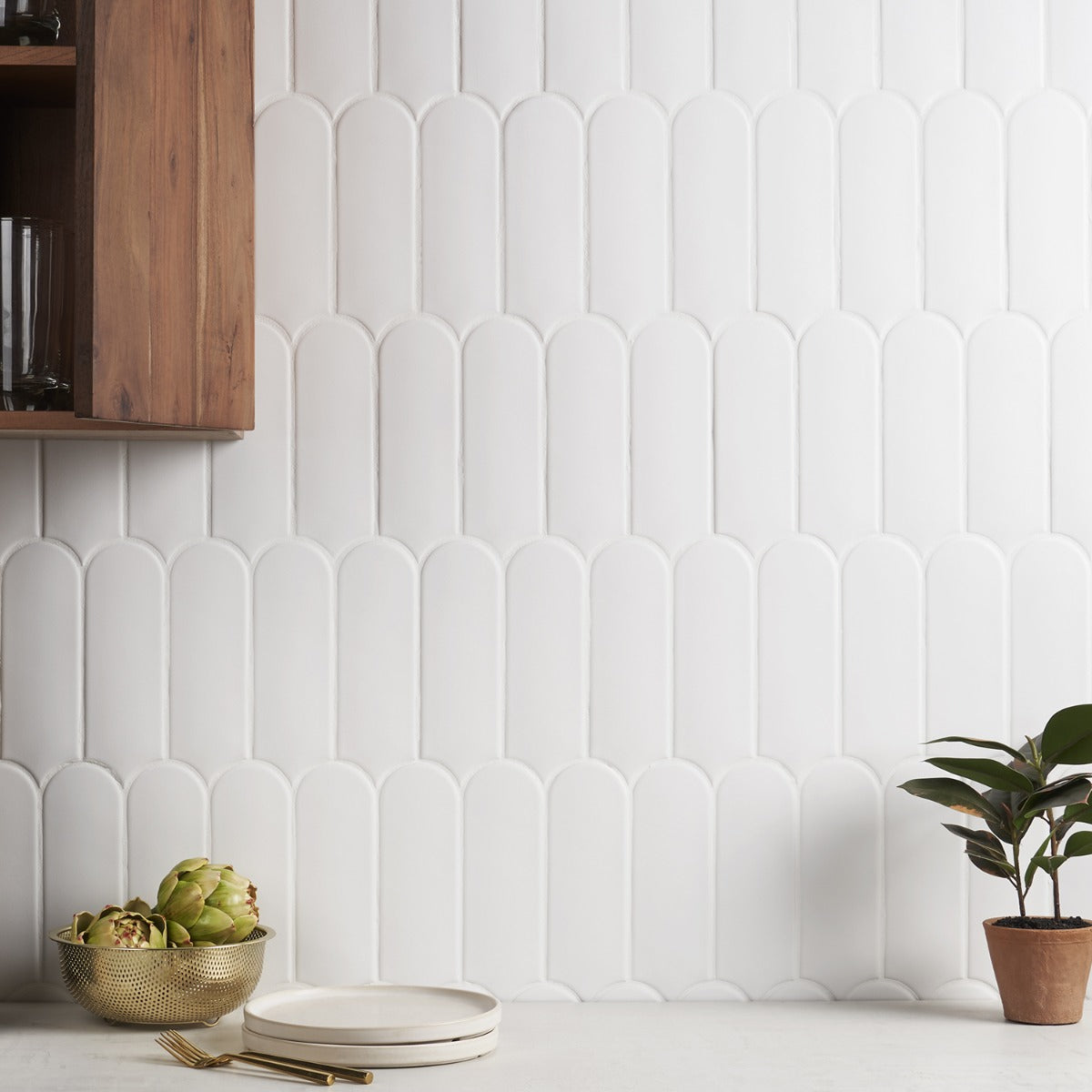 Parry White 3x8 Fishscale Matte Ceramic Wall Tile by Lux Tile