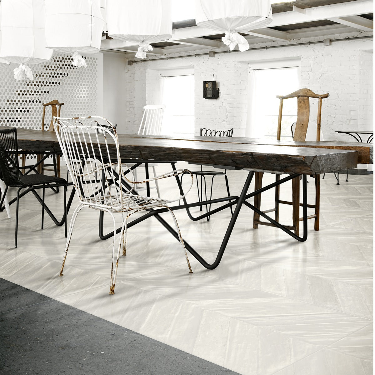 Lux Tile Sculpt White Chevron 24x48 Natural Porcelain Tile