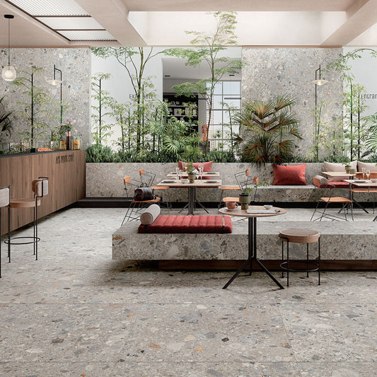 Rizo Earth Gray 24x48 Terrazzo Look Matte Porcelain Tile