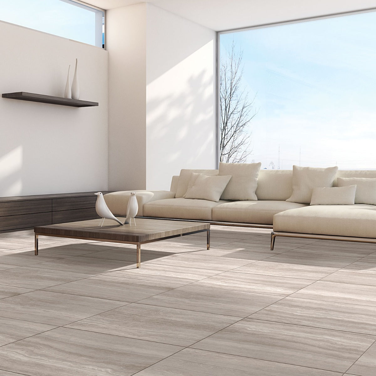 Nashville Taupe Beige 12x24 Polished Porcelain Tile - Travertine Look