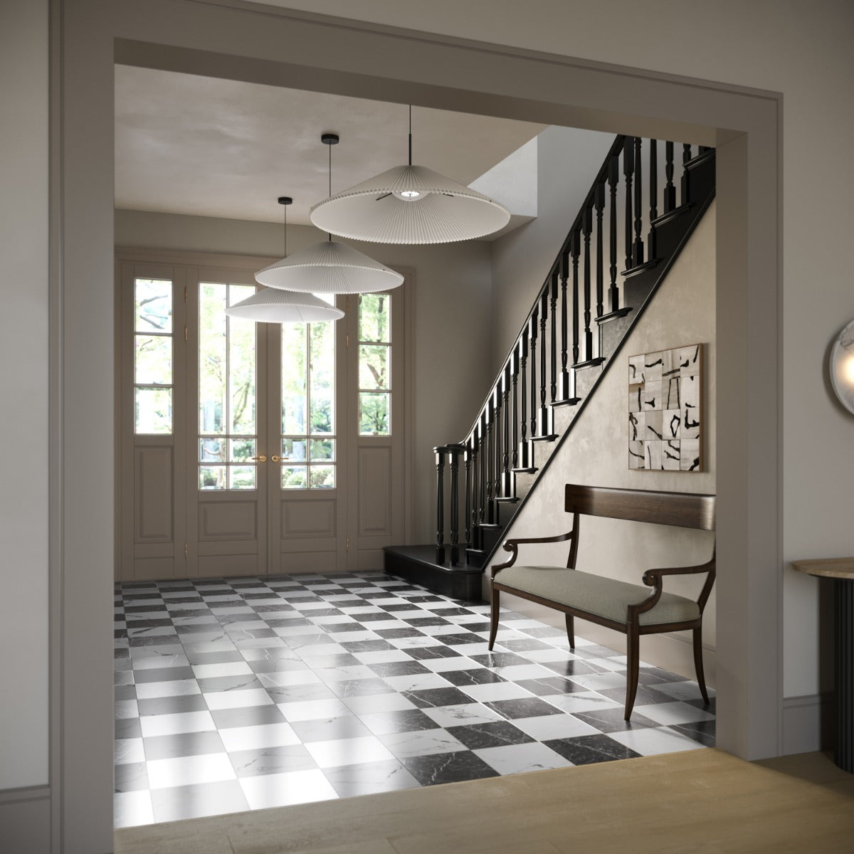 Fortunato Calacatta and Nero Marquina 12x12 Polished Porcelain Checkerboard Tile