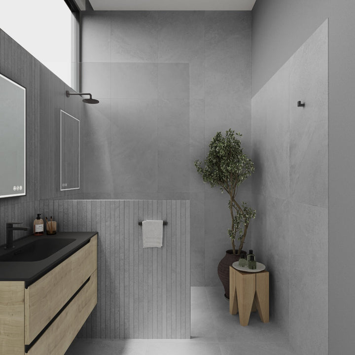 Lune Ribbon Gray 24x48 Matte Fluted Porcelain Tile - Lux Tile