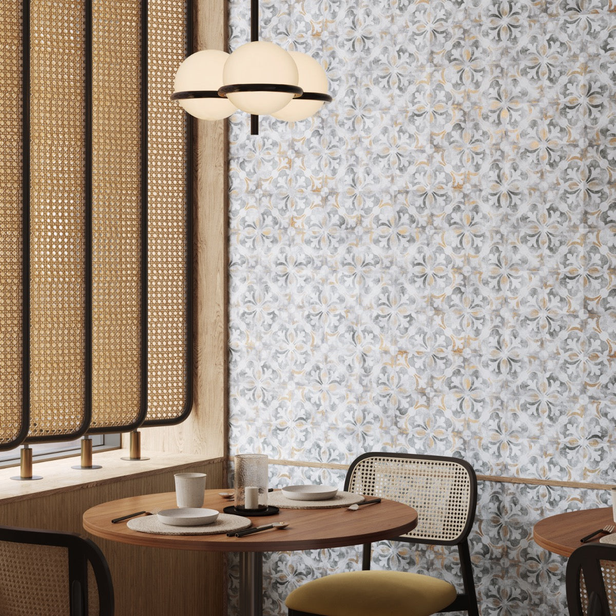 Talia Bossa Blue Gray Ceramic Tile with Gold Accents, 5x5 Matte Finish
