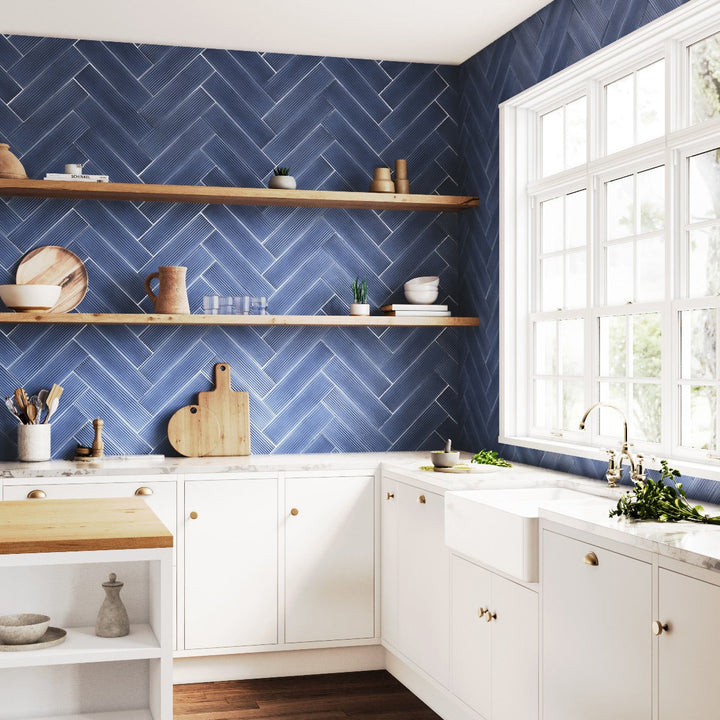 Stacy Garcia ArtBlock Fluted Denim Blue 4x16 Glossy Porcelain Tile