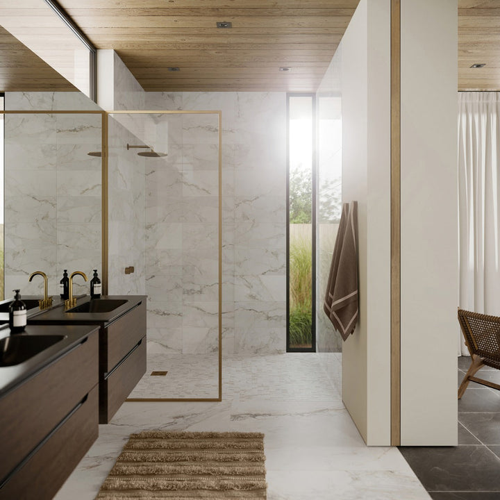 Calacatta Macchia White Gold 12x24 Marble Look Polished Porcelain Tile - Lux Tile