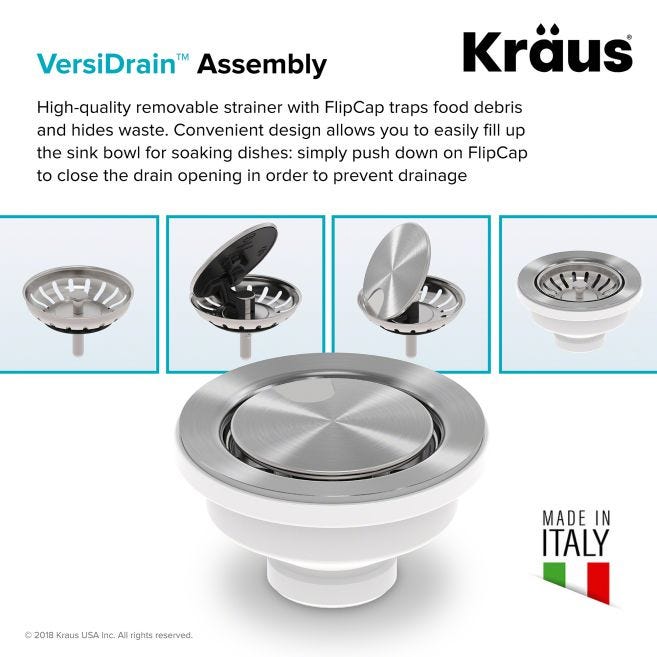 Kraus ST-4 VersiDrain Kitchen Sink Strainer Assembly with FlipCap, Stainless Steel, Fits 3.5–4 in. Drains