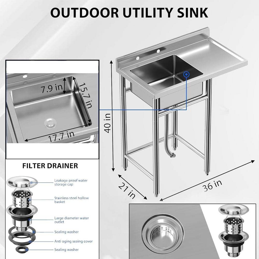 Adrinfly 36 in. Freestanding Stainless Steel Utility Sink with Knife Holders and Drainboard