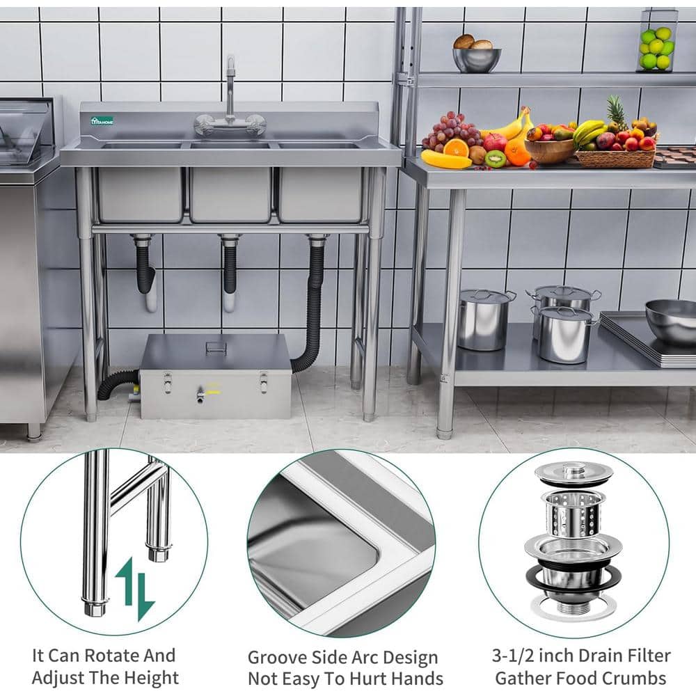 Adrinfly 39 in. Stainless Steel Freestanding 3 Compartment Utility Sink