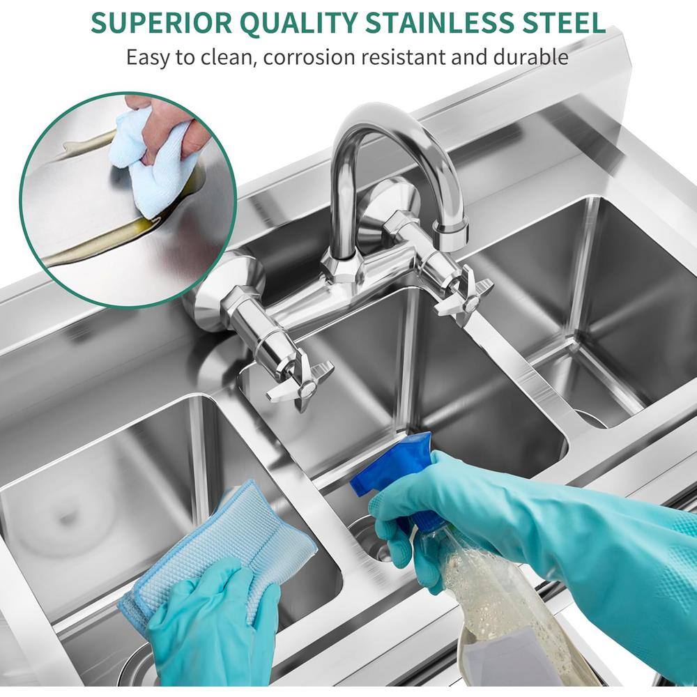 Adrinfly Stainless Steel 3 Compartment Freestanding Utility Sink with Adjustable Height and Shelf