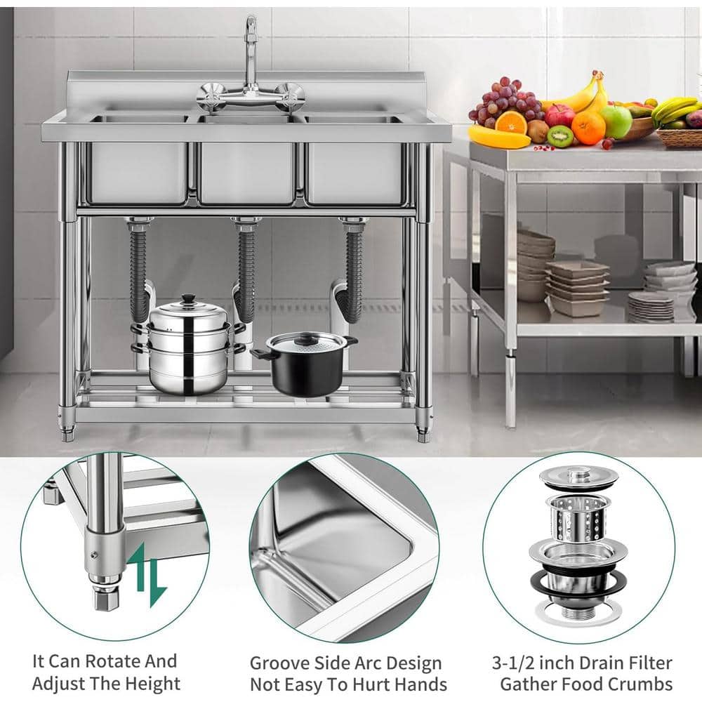 Adrinfly Stainless Steel 3 Compartment Freestanding Utility Sink with Adjustable Height and Shelf