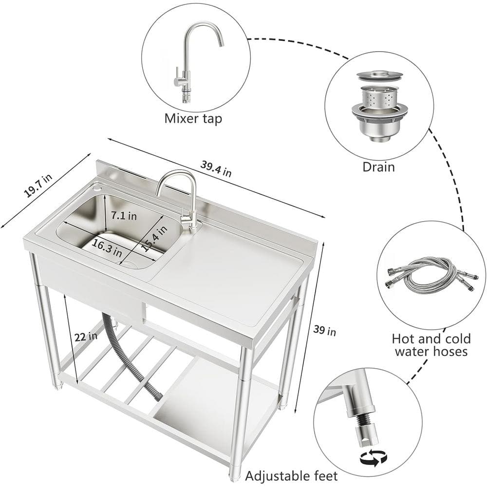 Adrinfly 20 in. x 39 in. Freestanding Stainless Steel Utility Sink with Hot/Cold Faucet & Drain Kit