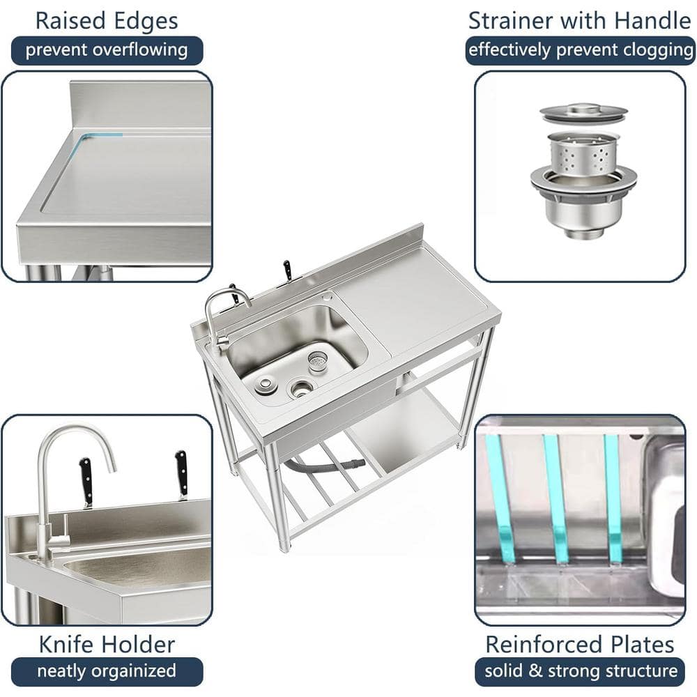 Adrinfly 20 in. x 39 in. Freestanding Stainless Steel Utility Sink with Hot/Cold Faucet & Drain Kit