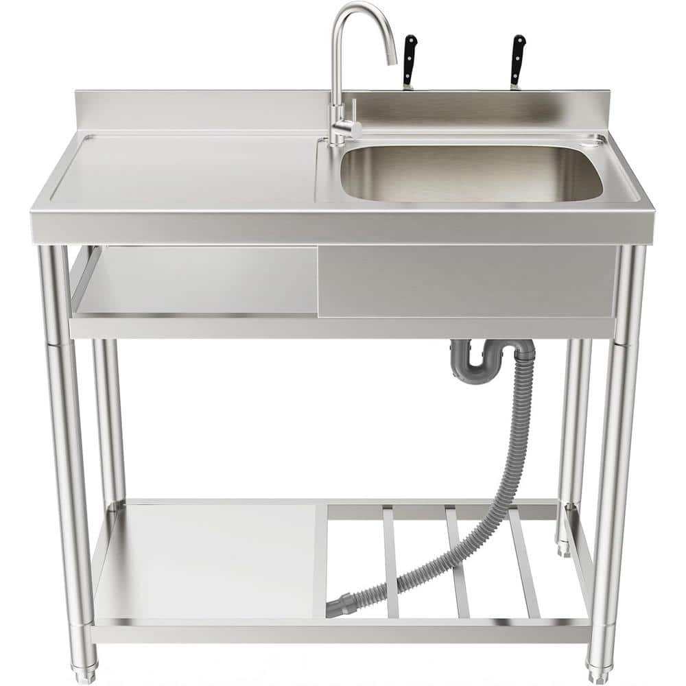 Adrinfly 20 in. D x 39 in. W Freestanding Utility Sink in Stainless Steel with Cold/Hot Water Faucet and Drain Kit (Right bowl)