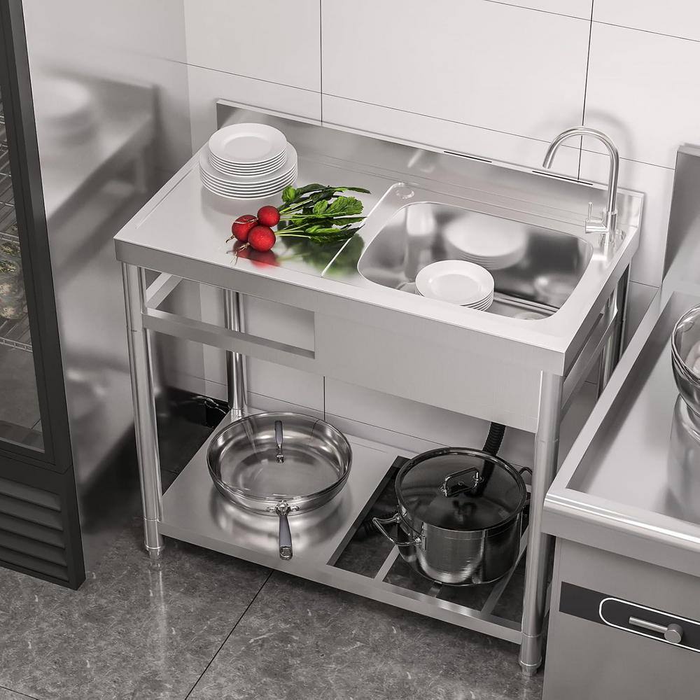 Adrinfly 20 in. D x 39 in. W Freestanding Utility Sink in Stainless Steel with Cold/Hot Water Faucet and Drain Kit (Right bowl)