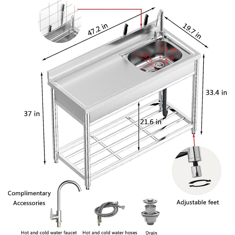 Adrinfly Stainless Steel Freestanding Utility Sink with Workbench & Faucets