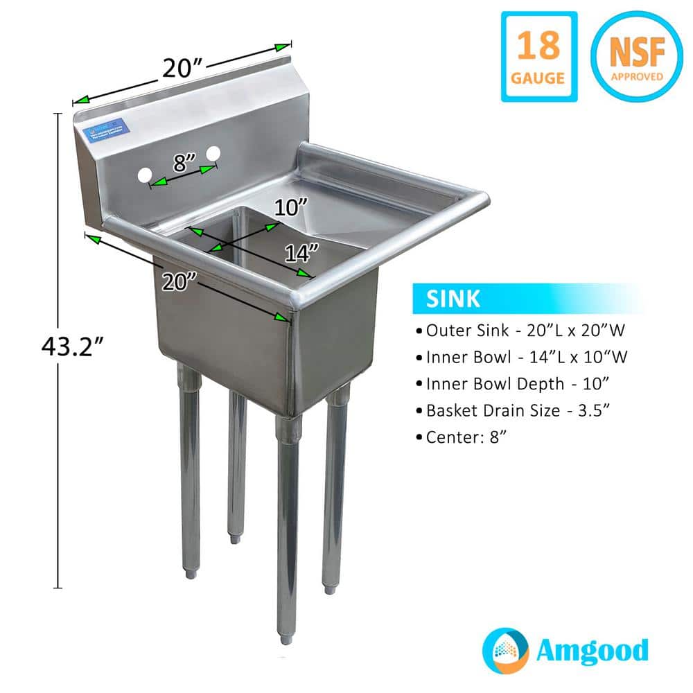 AMGOOD 20x20 Stainless Steel Utility Sink with Right Drainboard - No Faucet