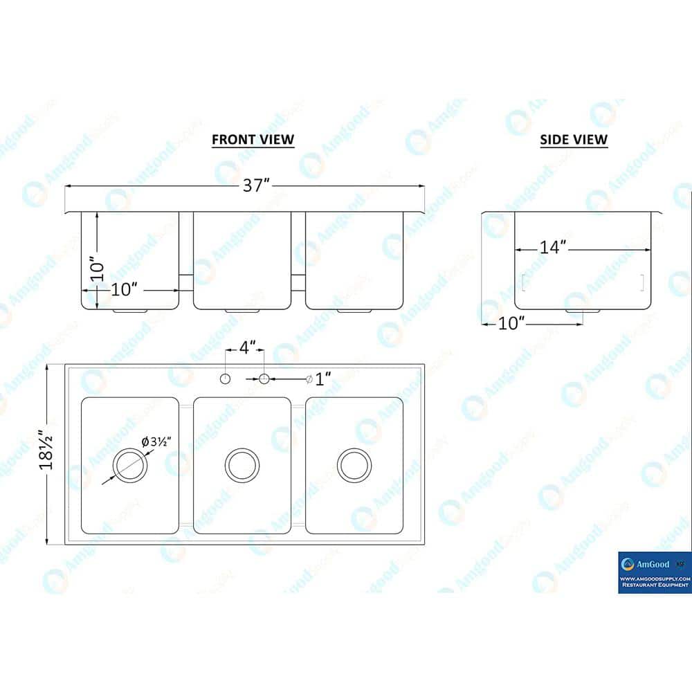 AMGOOD 37 in. x 18.5 in. Drop In Stainless Steel 3-Compartment Kitchen Sink. NSF. No Faucet.