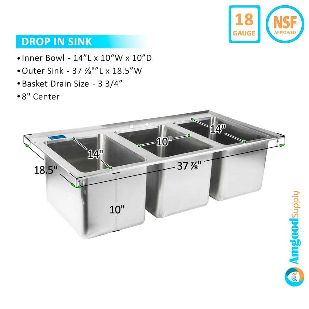 AMGOOD 37 in. x 18.5 in. Drop In Stainless Steel 3-Compartment Kitchen Sink. NSF. No Faucet.