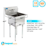 AMGOOD 24 in x 23.5 in Stainless Steel One Compartment Utility Laundry Sink