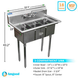 AMGOOD 19" x 37" Stainless Steel 3 Compartment Utility Sink with Faucet