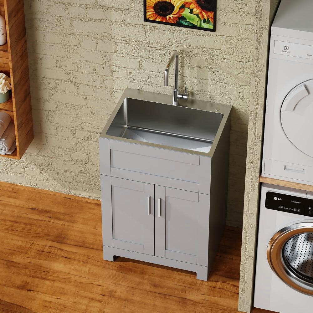 Amucolo 24 in. x 18 in. All-in-One Stainless Steel Laundry Sink and Cabinet with Faucet