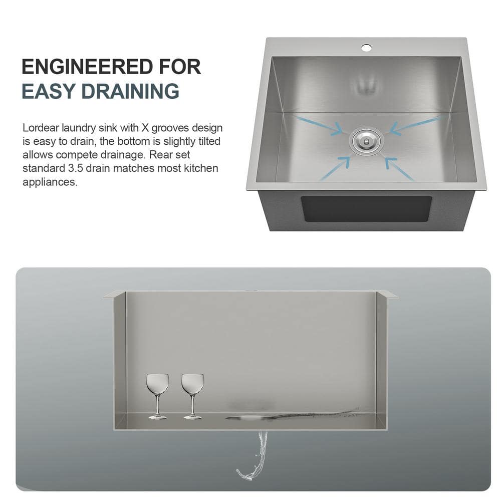 LORDEAR 22 in. Drop-In Laundry Utility Sink Stainless Steel 16 Gauge with Strain Basket