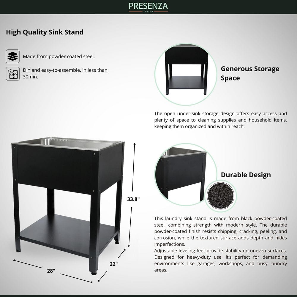 Presenza All-in-One 28" x 21.9" Freestanding Stainless Steel Laundry Sink with Faucet & Stand - Matte Black