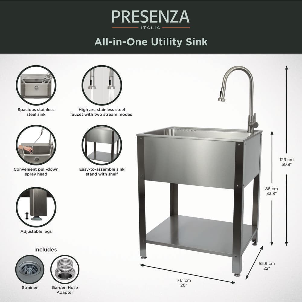 Presenza All-in-One Freestanding Stainless Steel Laundry Utility Sink with Stand and Faucet
