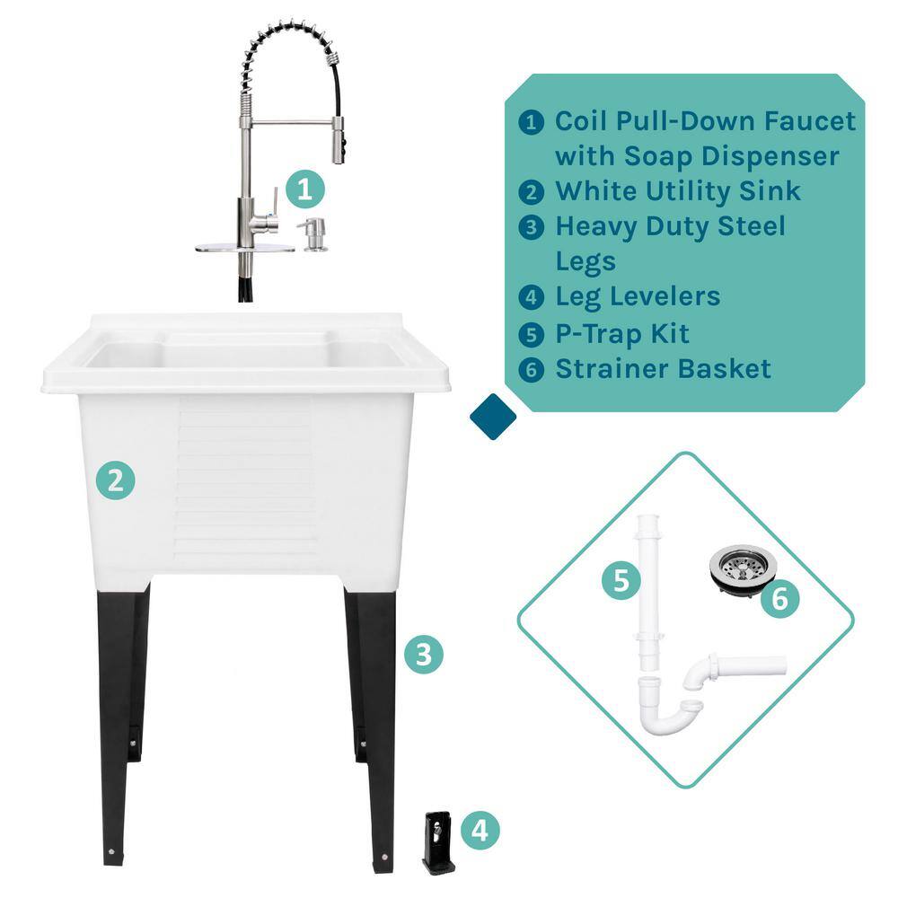 TEHILA 25 in. x 21.5 in. ABS Plastic Freestanding Utility Sink with Stainless High-Arc Coil Faucet & Soap Dispenser